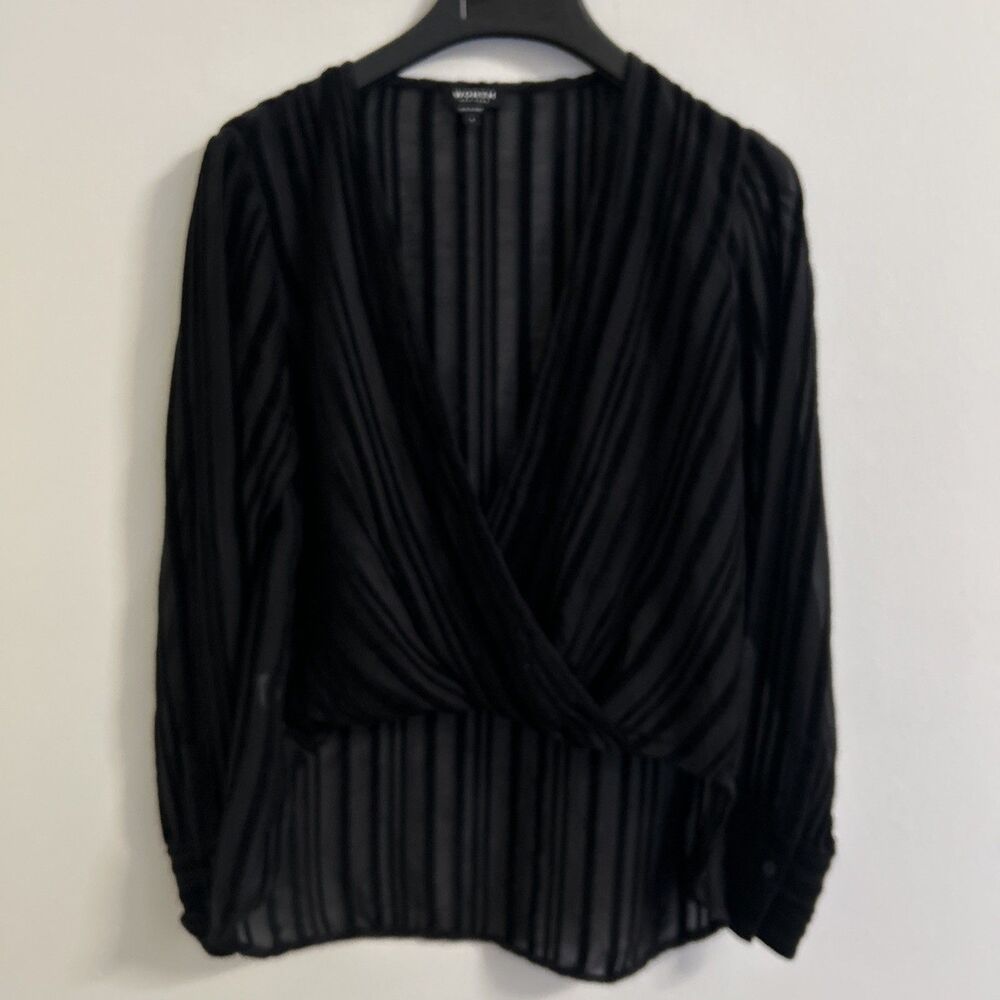 Women’s black sheer velvet striped wrap blouse by Worth New York, Size 4